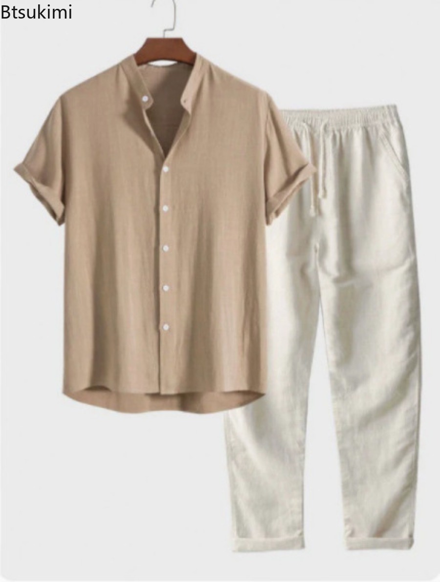 Short Linen Drawstring - 2026 남성 패션 솔리드 비치 투피스