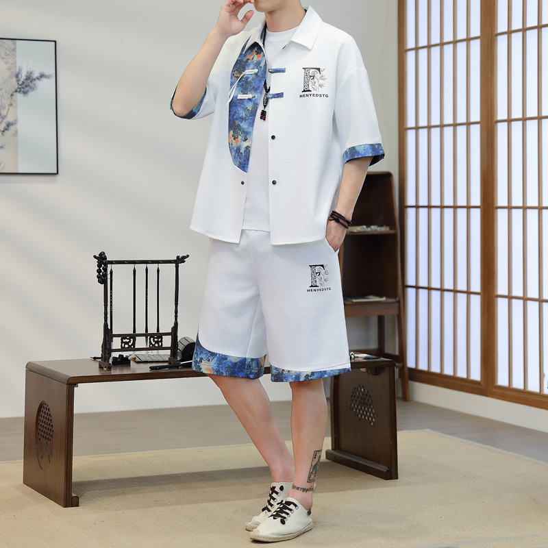 Resort Shirt Floral - 여름 남성용 2피스 기모노 세트 (블루