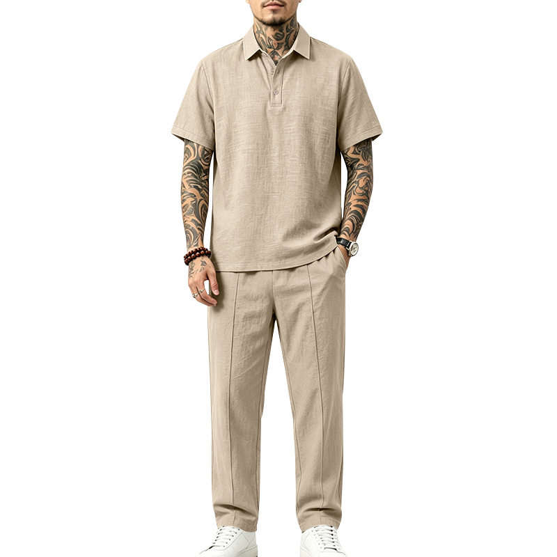 Short Linen Drawstring - 남성 2피스 폴로 세트 반팔 카라