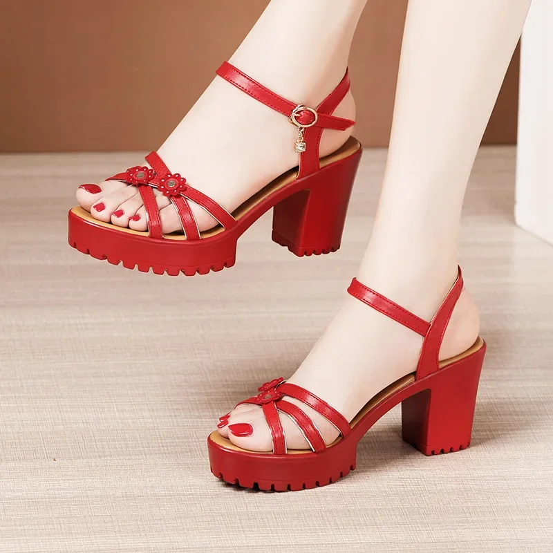 Casual Sandal Leather - 8cm 작은 사이즈 32-43 우아한 플로럴