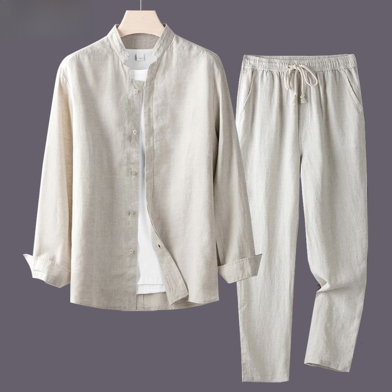 흰색 긴팔 셔츠와 루즈핏 면마 남성 스트레이트 레그 팬 - Linen Shirt Breathable 리뷰 및 가격